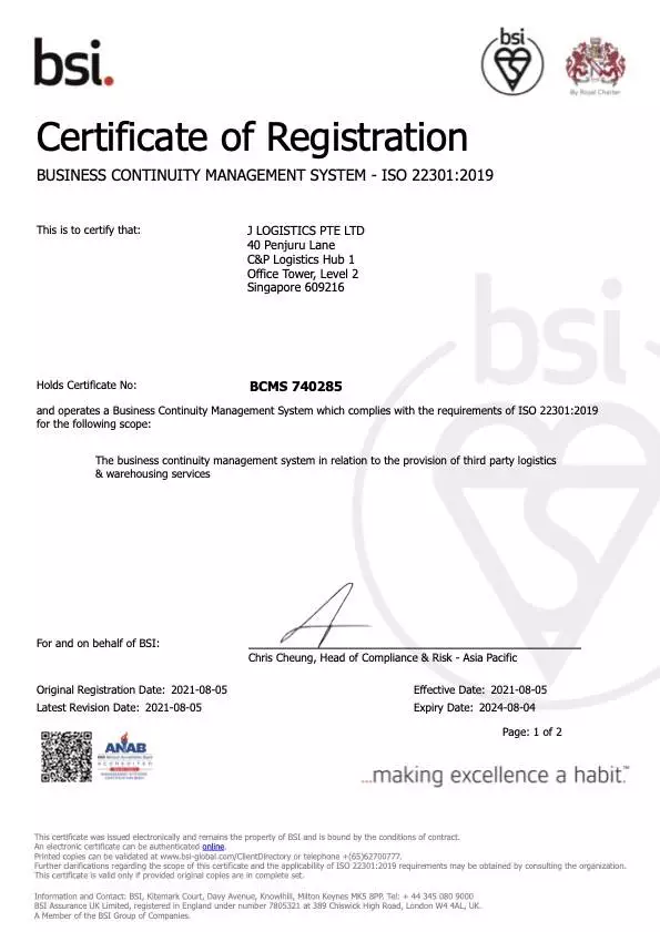 BCMS 740285 (ISO 22301 Certificate)