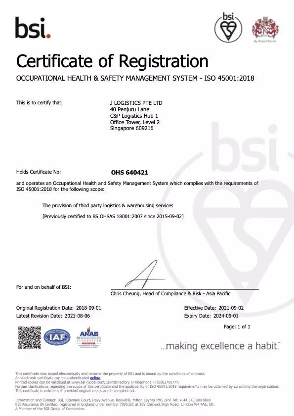 OHS 640421 (ISO 45001 Certificate)